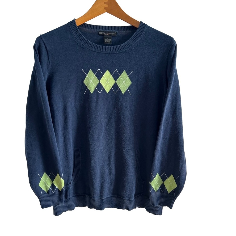🧵Preswick & Moore Women Cotton Argyle Sweater Kangaroo Pocket Blue & Lime Green